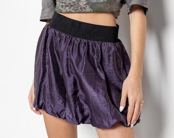 Y2K Purple Satin Mini Skirt, Bubble Hem, Pockets