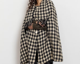 GINGHAM MOHAIR CAPE reversible vintage poncho Mohair black white Free Size fall winter