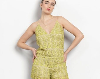 LACE ROMPER GREEN Backless 60'S Vintage Costume Crochet Floral / Medium Large