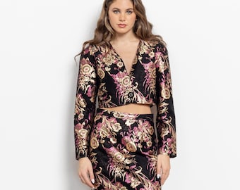 90s Floral Metallic Mini Skirt Set - Ellen D Two Piece Suit Small