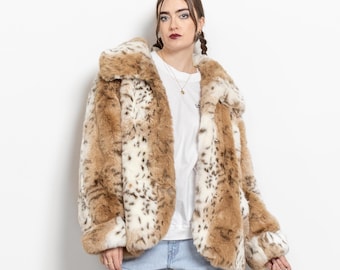 Vintage Leopard Faux Fur Coat: 90s Midi Jacket, Oversized Large
