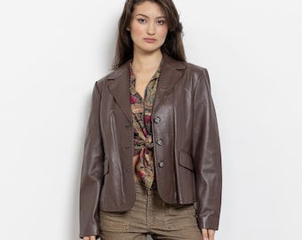 Sale BROWN LEATHER BLAZER Vintage Jacket Coat Trench Woman Spring Fall 90's / Medium Large