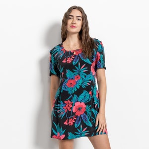 SILK MINI DRESS Vintage Blue Floral Short Sleeve Shift Spring Summer 90&#39;s / Medium