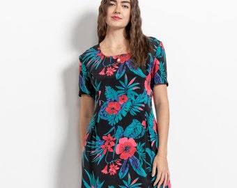 Vestido curto de seda vintage floral de manga curta, estilo evasê, primavera/verão anos 90 / tamanho M