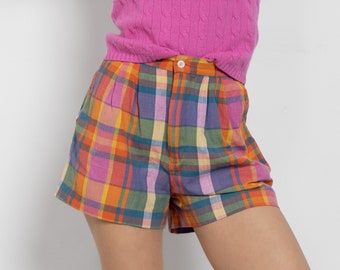 PLAID COTTON SHORTS High Waist Spring Summer Blue Pink Orange Vintage Geometric Pleated /  27 Inch Waist / Size 5