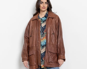 TIMBERLAND LEATHER JACKET Faded Worn In Distressed Longline Oversize Armchair Vibes / Small