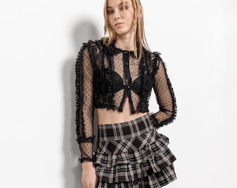 Y2K Plaid Ruffled Mini Skirt, Low Rise Grunge Style (S/M)