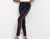LACE UP JEANS Vintage Stretch Denim Pants Skinny Black Cotton Mid Rise Ankle Frederick 39 s Of Hollywood 90 39 s 26 quot Waist Size 4 5 Xs