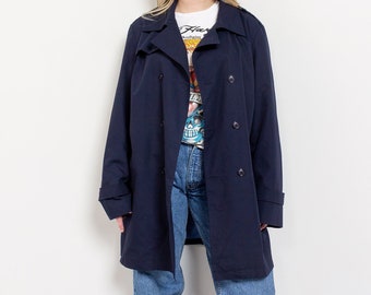 NAVY TRENCH COAT Vintage Midi Blue Light Jacket Coat Menswear Spring Fall 90's Oversize / Extra Large