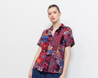 COTTON ABSTRACT BLOUSE button up vintage oversize shirt Tourist Summer Tee Festival Unisex Oxford / Large