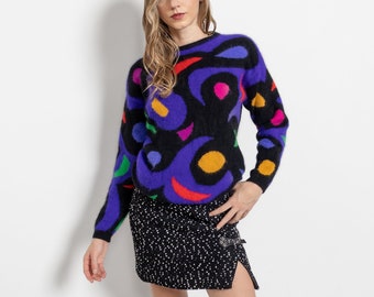 GEOMETRIC SOFT SWEATER Jumper Vintage Knitwear Black Colorful Rafaella / Small