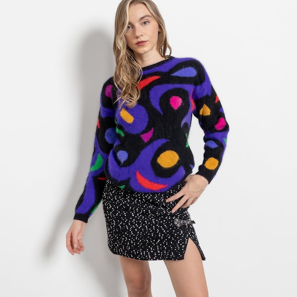 GEOMETRIC SOFT SWEATER Jumper Vintage Knitwear Black Colorful Rafaella / Small