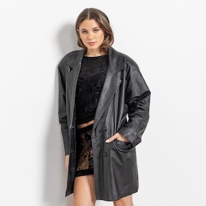 BLACK LEATHER TRENCH Vintage Midi Jacket Coat Blazer Woman 90's Oversize / Medium Large