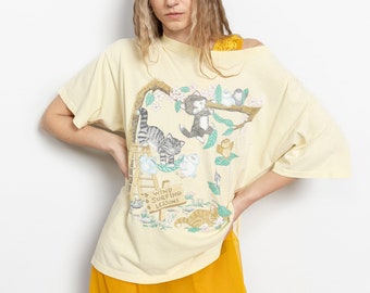 80'S SOFT THIN SHEER T-Shirt Vintage Cats Tees Birds KittensYellow / Large