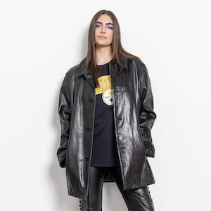 BLACK LEATHER TRENCH Midi Jacket Vintage Oversize Boxy Collared / Medium Large