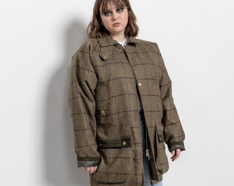 PLAID WOLLMANTEL Vintage Oversize Button Up Leder Taschenklappen / Extra Large