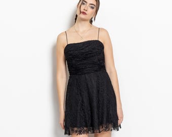 BLACK LACE DRESS Vintage Camisole Slip Spaghetti Straps Mini / Medium