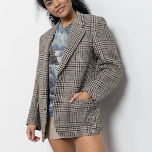 MENSWEAR HOUNDSTOOTH BLAZER wool oversize vintage jacket coat plaid tweed brown / Large Xl Extra Large