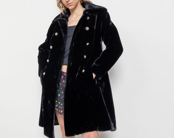 BLACK FAUX FUR Double Breasted Trench Coat Vintage Small Fit Coat Jacket