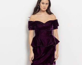 VELVET PROM DRESS Holiday Mini Off The Shoulder Purple Vintage 60's / Small Medium