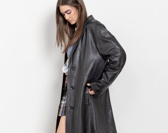 BLACK LEATHER TRENCH Vintage Midi Jacket Coat Blazer Woman 90's