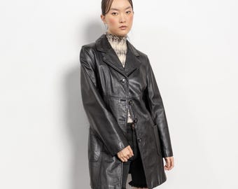 BLACK LEATHER TRENCH Midi Jacket Vintage Oversize Boxy Collared