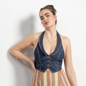 DENIM HALTER TOP Backless Trashy Y2K 2000s Britney Vintage / Small Medium