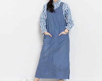 DENIM OVERALLS DRESS Plaid Maxi Vintage 90S Blue White / Small