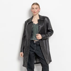 BLACK LEATHER TRENCH Vintage Midi Jacket Coat Blazer Woman 90's Oversize / Medium Large