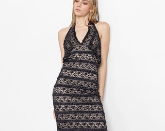 Vintage Y2K Black Lace Halter Mini Dress - Small - Etsy
