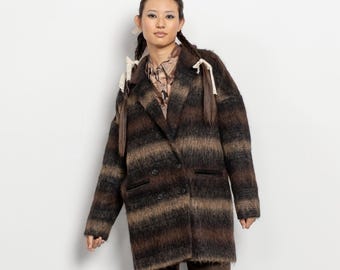 MOHAIR JACKET TRENCH Vintage Stripes Fuzzy Coat / Medium Soia & Kyo