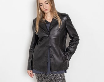 BLACK LEATHER BLAZER Vintage Jacket Coat Woman Fall Spring 90's / Small Medium