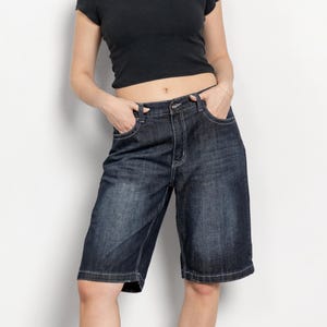 Vintage Denim Skater Jorts: Baggy Longline Jean Shorts, Dark Wash Medium