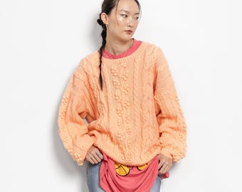 PEACH POPCORN Sweater Jumper Women Cable Knit Slouchy OVERSIZE Spring Summer / Medium