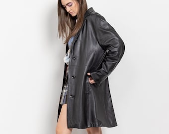 BLACK LEATHER TRENCH Vintage Midi Jacket Coat Blazer Woman 90's Oversize / Medium Large