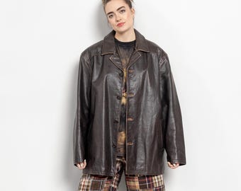 Heavy Brown LEATHER TRENCH Midi Jacket Vintage Oversize Boxy Collared / Medium Large