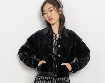Vintage 90's Black Velvet Jacket: Cropped, Long Sleeves, Quilted Lining