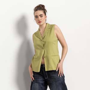 90&#39;S GREEN VEST LINEN Lime Top Sleeveless Vintage Button Up / Small Medium