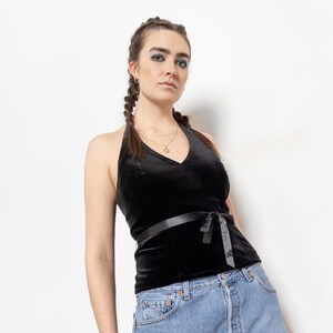 BLACK VELVET HALTER Top Vintage Backless Tie Up Low Cut 90&#39;s / Medium