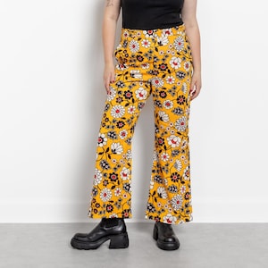 70S FLORAL PANTS FLARES Bell Bottoms Vintage Handmade Yellow Flower Print High Waist / 44.5 Inch Hips / Size 14