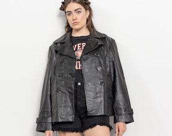 BLACK LEATHER JACKET Vintage Blazer Coat Woman 90's Oversize / Extra Large
