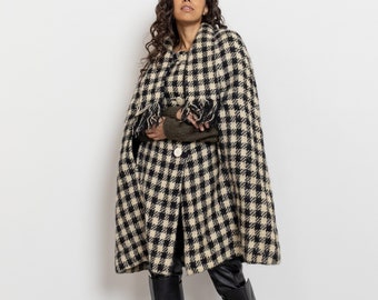 GINGHAM MOHAIR CAPE reversible vintage poncho Mohair black white Free Size fall winter