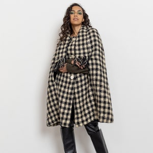 GINGHAM MOHAIR CAPE reversible vintage poncho Mohair black white Free Size fall winter