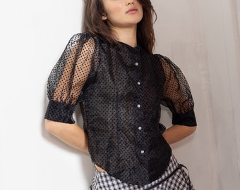 SHEER MESH BLOUSE Polka Dot Puffy Sleeves Delicate Vintage Rhinestone Buttons / Small Xs
