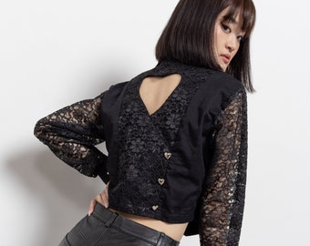 CROPPED LACE BLAZER Heart Cut Out Jacket Vintage Black 80's Cute / Small Medium