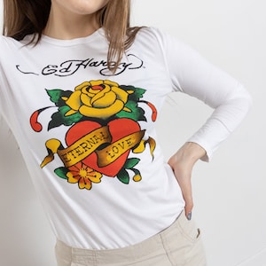 ED HARDY T-SHIRT Vintage White Long Sleeve Crew Neck Y2K Tattoo Sheer Cotton Small Fit image 1