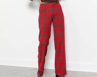 Pantalones de lana a cuadros vintage BCBG: Pantalones de tartán rojo de los 90, talla 4