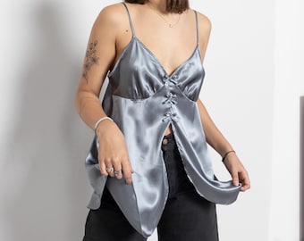 SILVER METALLIC SLIP Vintage Camisole Satin Strappy Top Lingerie Woman / Medium