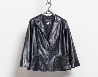 BLACK PLEATHER BLAZER Vintage Jacket Coat Faux Vegan Alligator Skin 90's Oversize / Large Xl