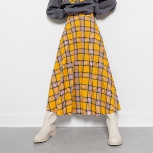 YELLOW PLAID MAXI Skirt 70's Vintage Pleated High Waist Boho Hippie Fall  Spring Summer Small Xs 25 Inch Waist